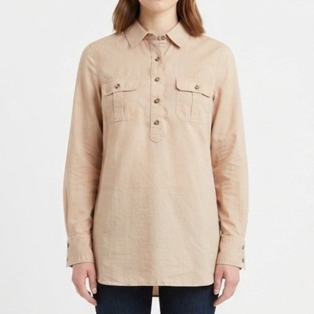 Talbots Tunic Top Womens Size M Tan Khaki Cotton Utility Henley Long Sleeve